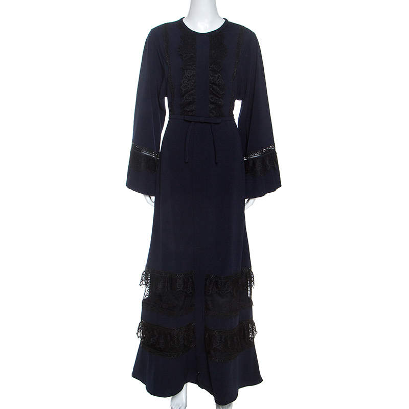 navy blue dress with white lace trim