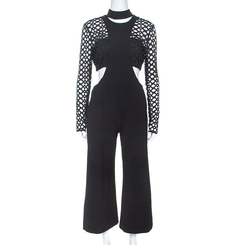 Pre Owned Self Portrait Black Lace Insert Cropped Bodice Jumpsuit M