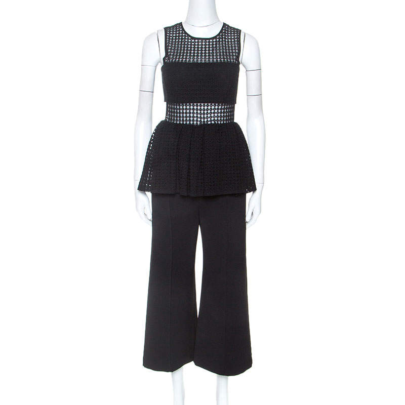 Pre Owned Self-Portrait Black Guipure Lace Peplum Detail Jumpsuit S