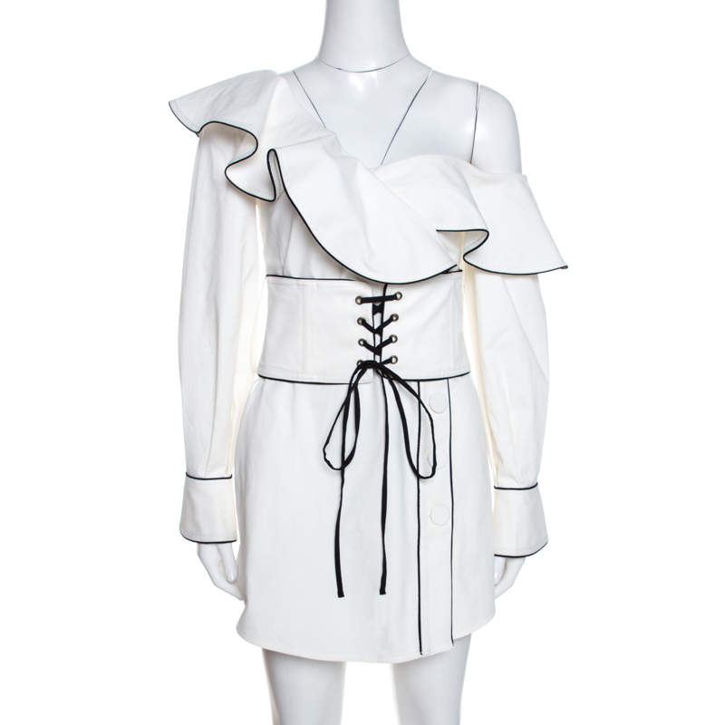Pre Owned Self Portrait White Cotton One Shoulder Corset Belted Mini Dress S