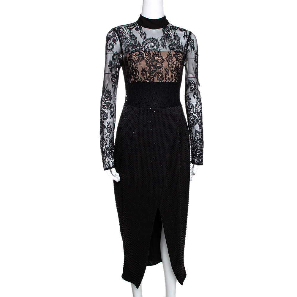 Pre Owned فستان سيلف بورتريت ميدي دانتيل مزخرف ترتر وخرز أسود S