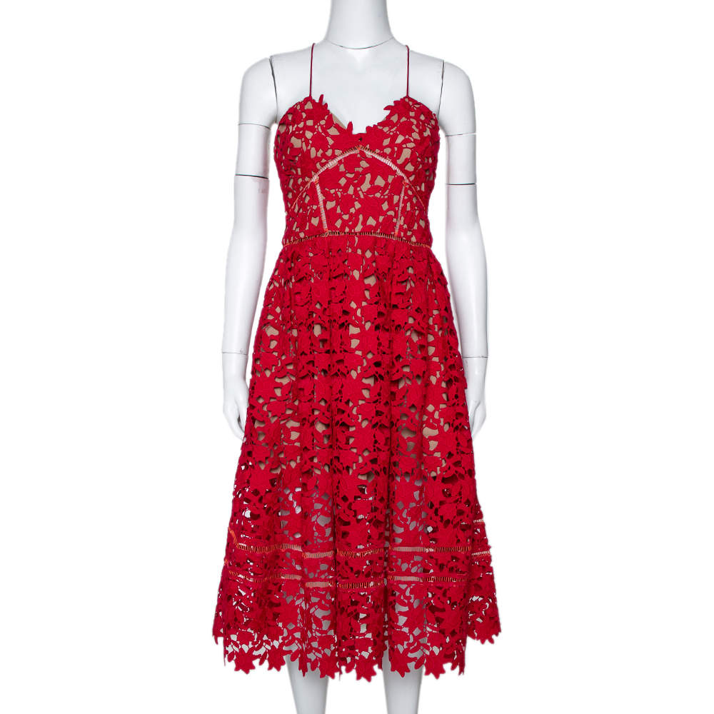 Pre Owned Self Portrait Red Floral Guipure Lace Noodle Strap Azaelea Midi Dress M