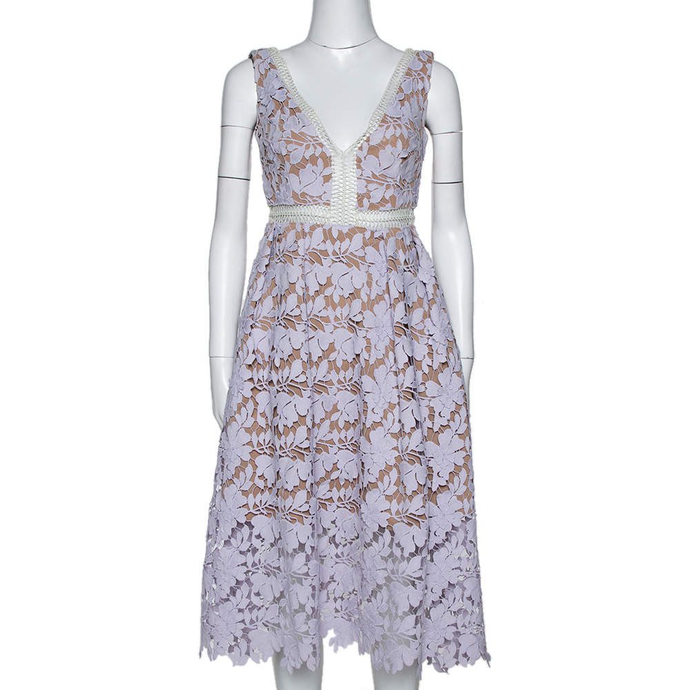 Pre Owned Self Portrait Pale Lilac Guipure Lace Sleeveless Midi Dress M