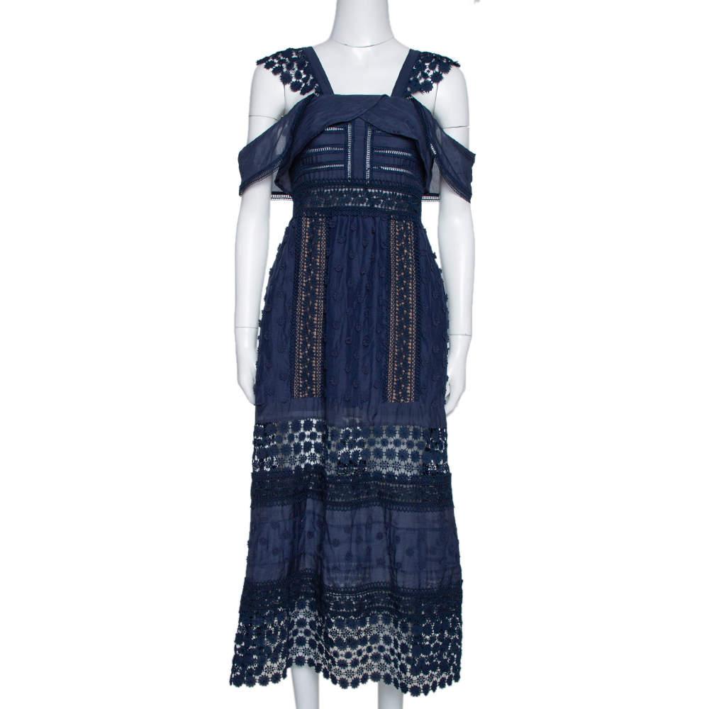 مملوكة مسبقًا Self-Portrait Navy Blue Lace Paneled Bluebell Midi Dress S