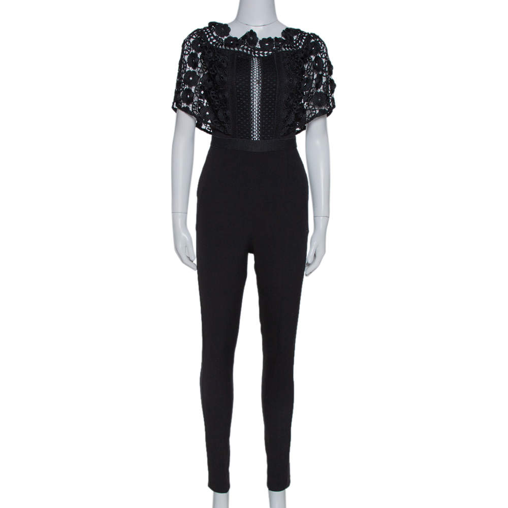 Pre Owned Self-Portrait Black Guipure Lace & Crepe Serena Jumpsuit S