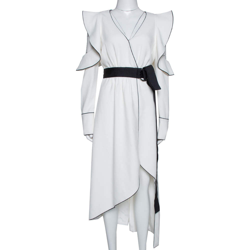 مملوكة مسبقًا Self-Portrait White Viscose Blend Ruffled Asymmetric Dress M