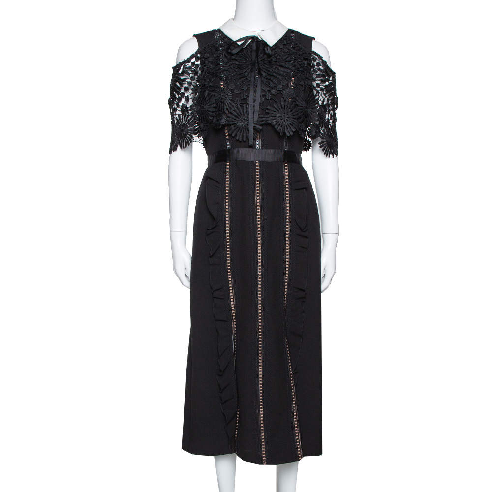 Pre Owned Self Portrait Black Crepe Lace Overlay Hinkley Midi Dress M