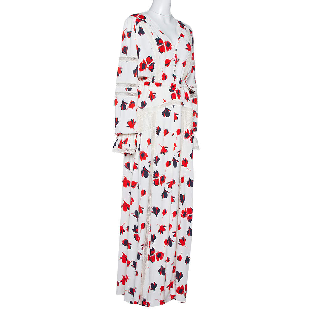Pre Owned Self Portrait White Floral Print Crepe Flared Maxi Dress L