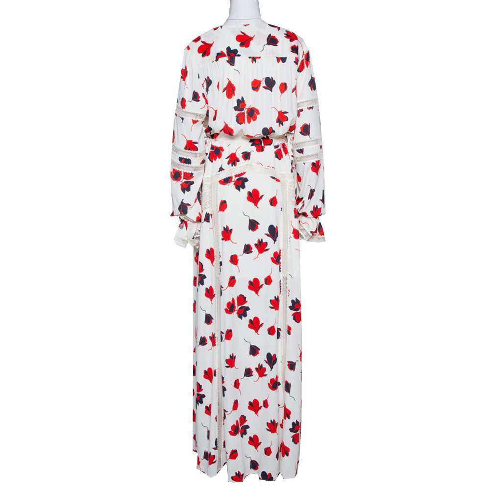 Pre Owned Self Portrait White Floral Print Crepe Flared Maxi Dress L