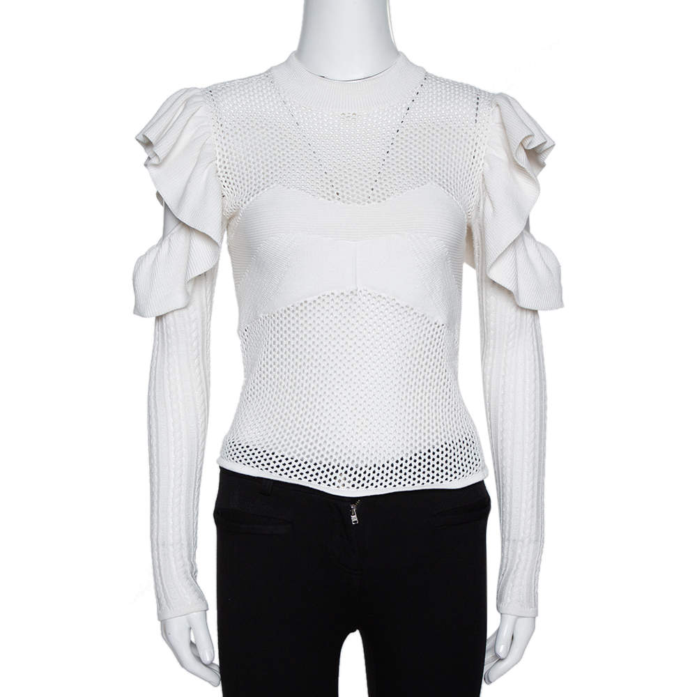 Pre Owned Self Portrait White Eyelet Knit Frill Cold Shoulder Top S