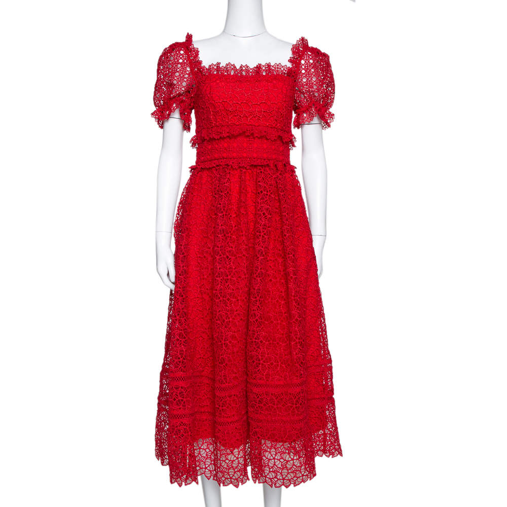 Self Portrait Red Hibiscus Guipure Lace Short Sleeve Dress S