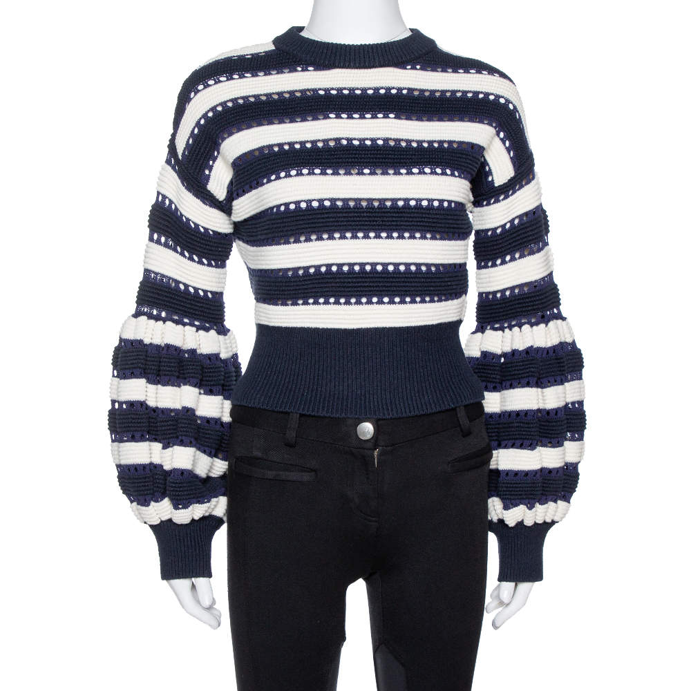 Self-Portrait Navy Blue & White Stripe Knit Cropped Sweater M