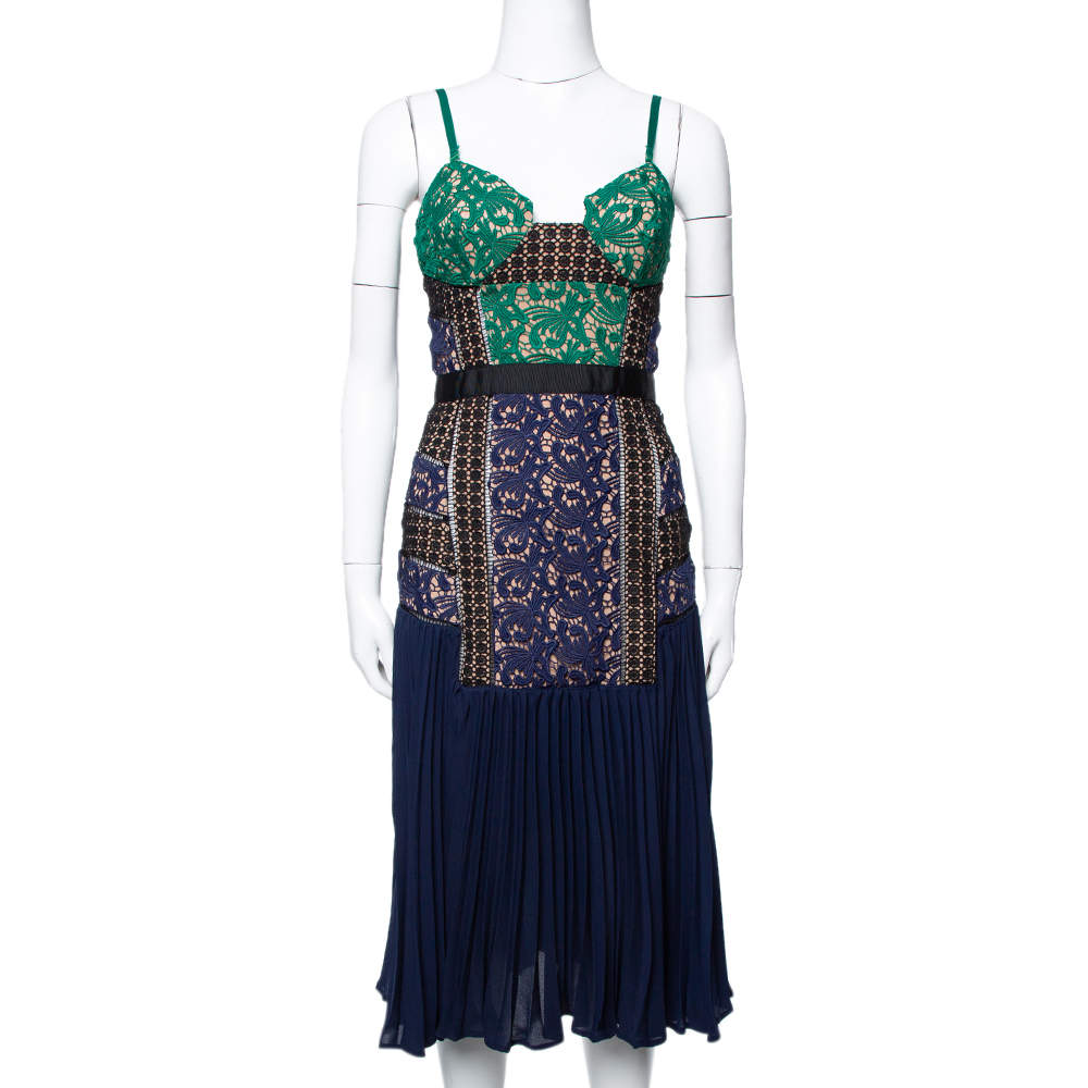 Pre Owned Self-Portrait Multicolor Lace & Pleat Paneled Midi Sundress S