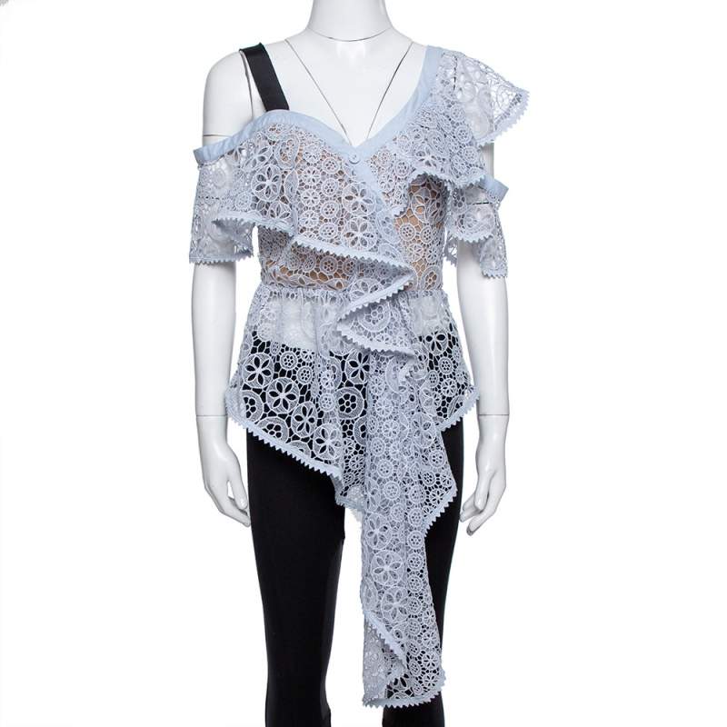 Pre Owned توب سيلف بورتريه دانتيل جيبير أزرق فاتح بديرابيه حافة غير متساوية مقاس متوسط - صغير