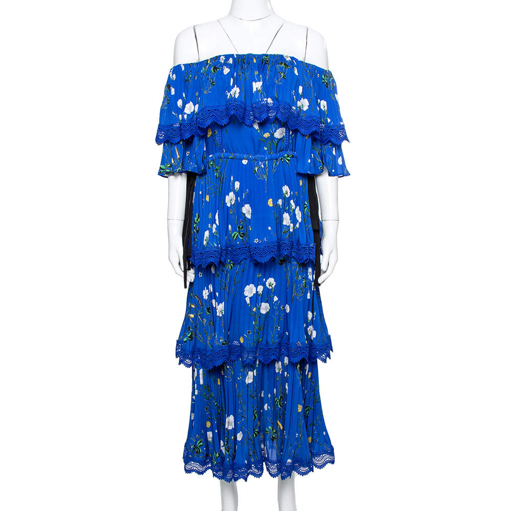 Self-Portrait Blue Floral Print Crepe Pleated Off Shoulder Dress XS