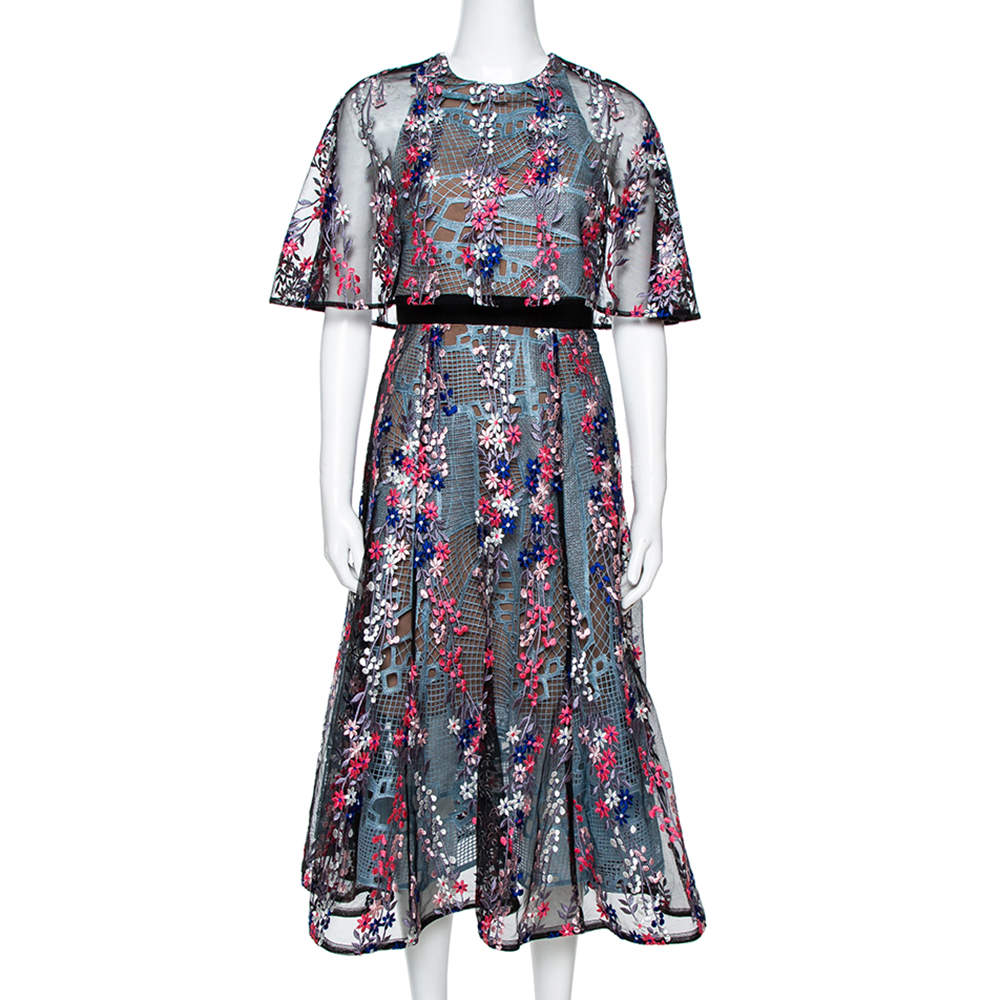 Pre Owned Self Portrait Black Floral Vine Collared Midi Dress M