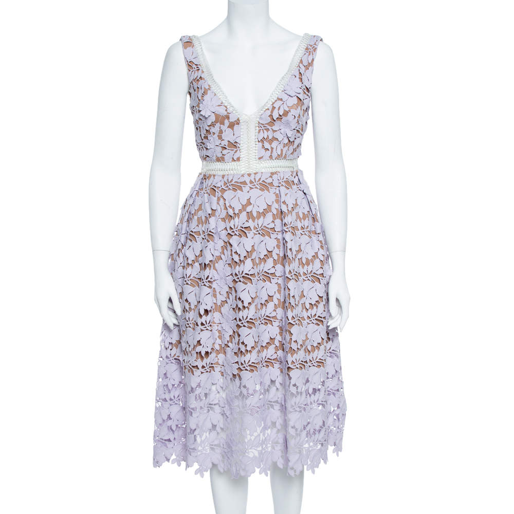 Self Portrait Pale Lilac Guipure Lace Sleeveless Midi Dress S