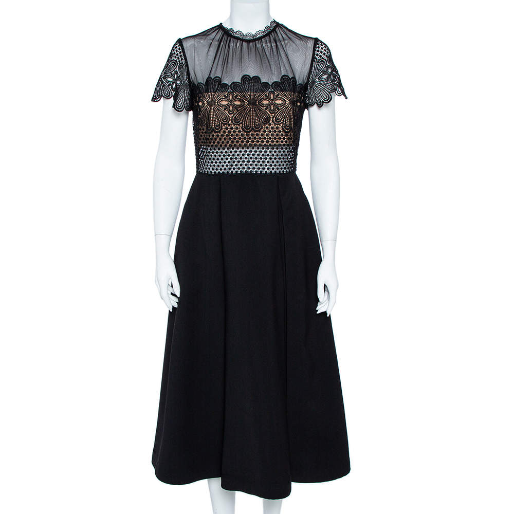 Self-Portrait Black Cotton Embroidered Felicia Midi Dress M