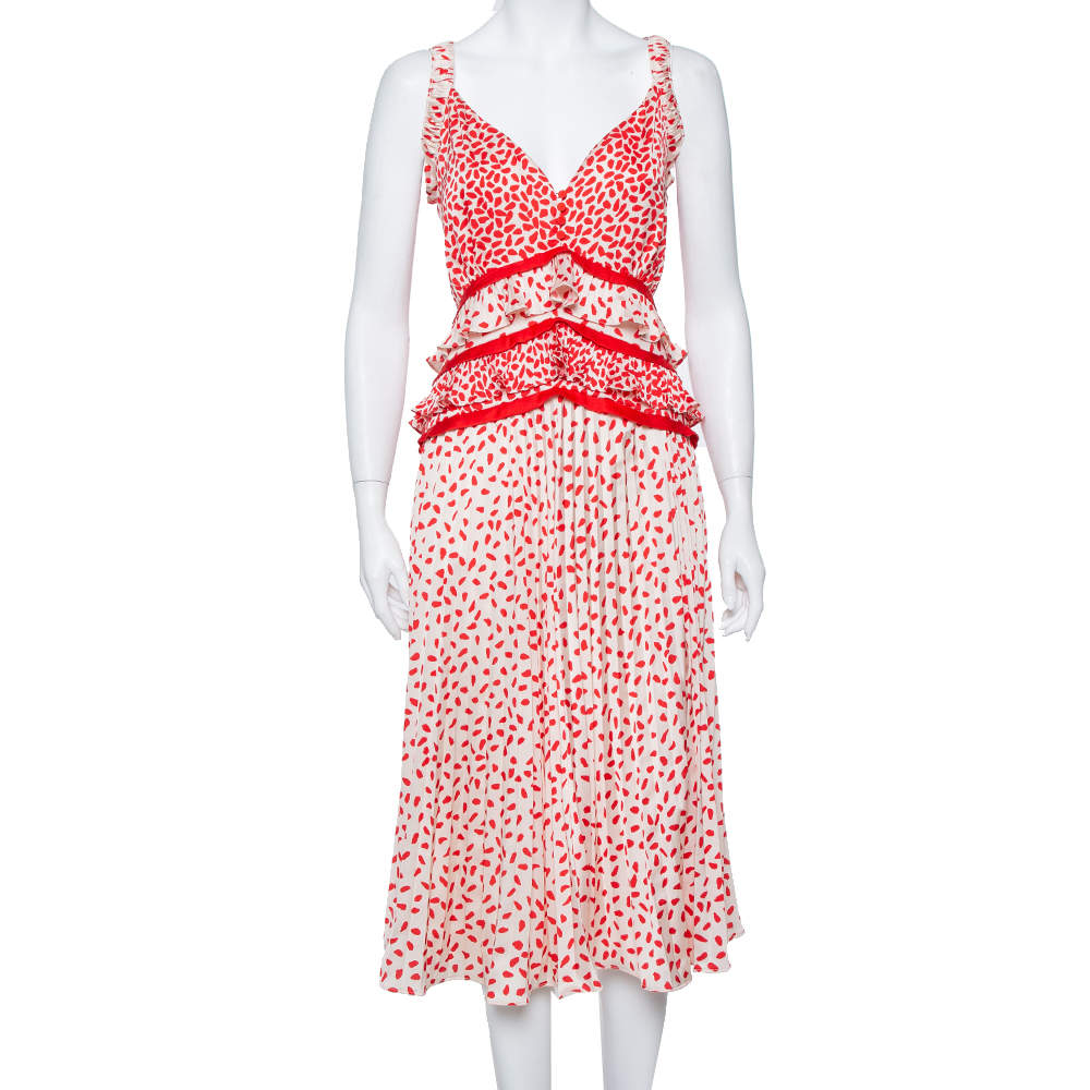 مملوكة مسبقًا Self Portrait Cream & Red Dot Printed Satin Ruffle Detail Midi Dress L
