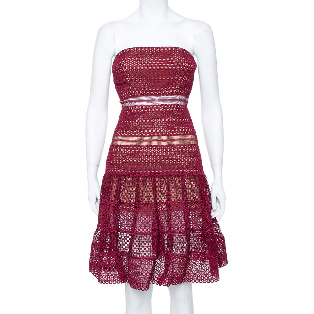 مملوكة مسبقًا Self Portrait Burgundy Guipure Lace Strapless Drop Waist Midi Dress S