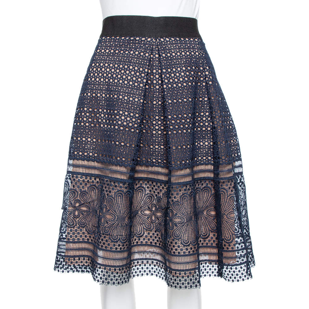 Pre Owned Self Portrait Navy Blue Guipure Lace Pleated Sofia Skirt L