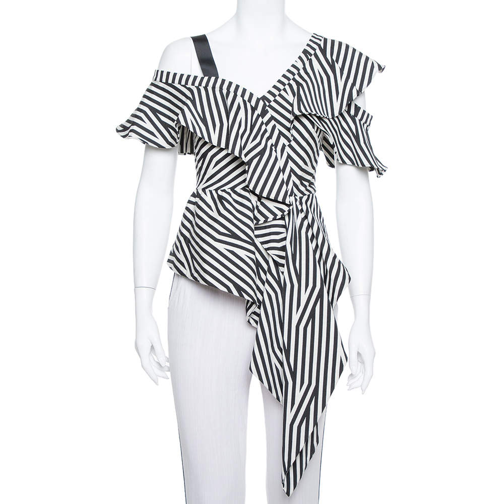 Pre Owned Self Portrait Monochrome Striped Stretch Cotton Asymmetric Top S
