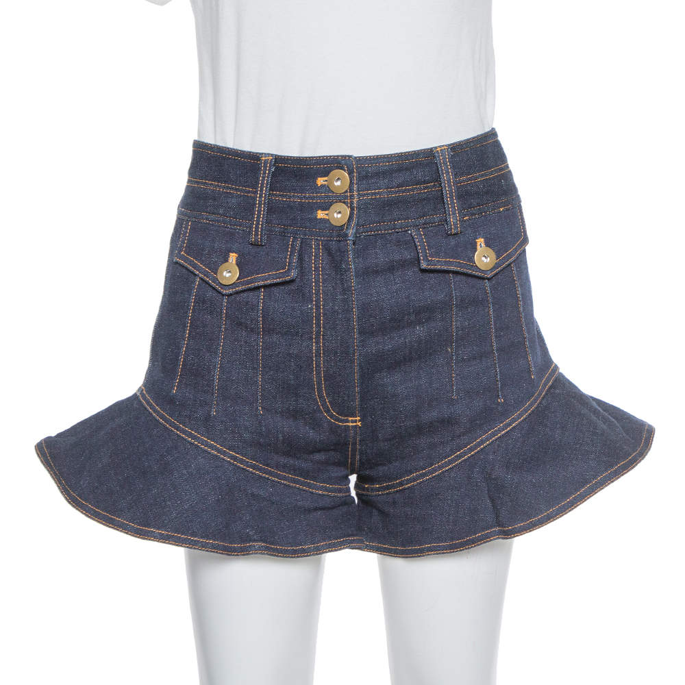 Self Portrait Navy Blue Denim High Waist Flounced Shorts S