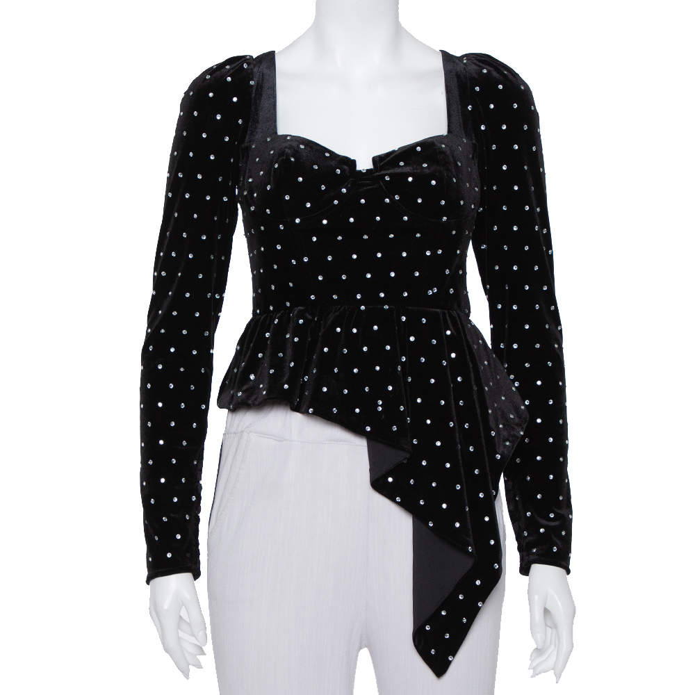 Pre Owned Self-Portrait Black Velvet Crystal Embellished Asymmetrical Top S 