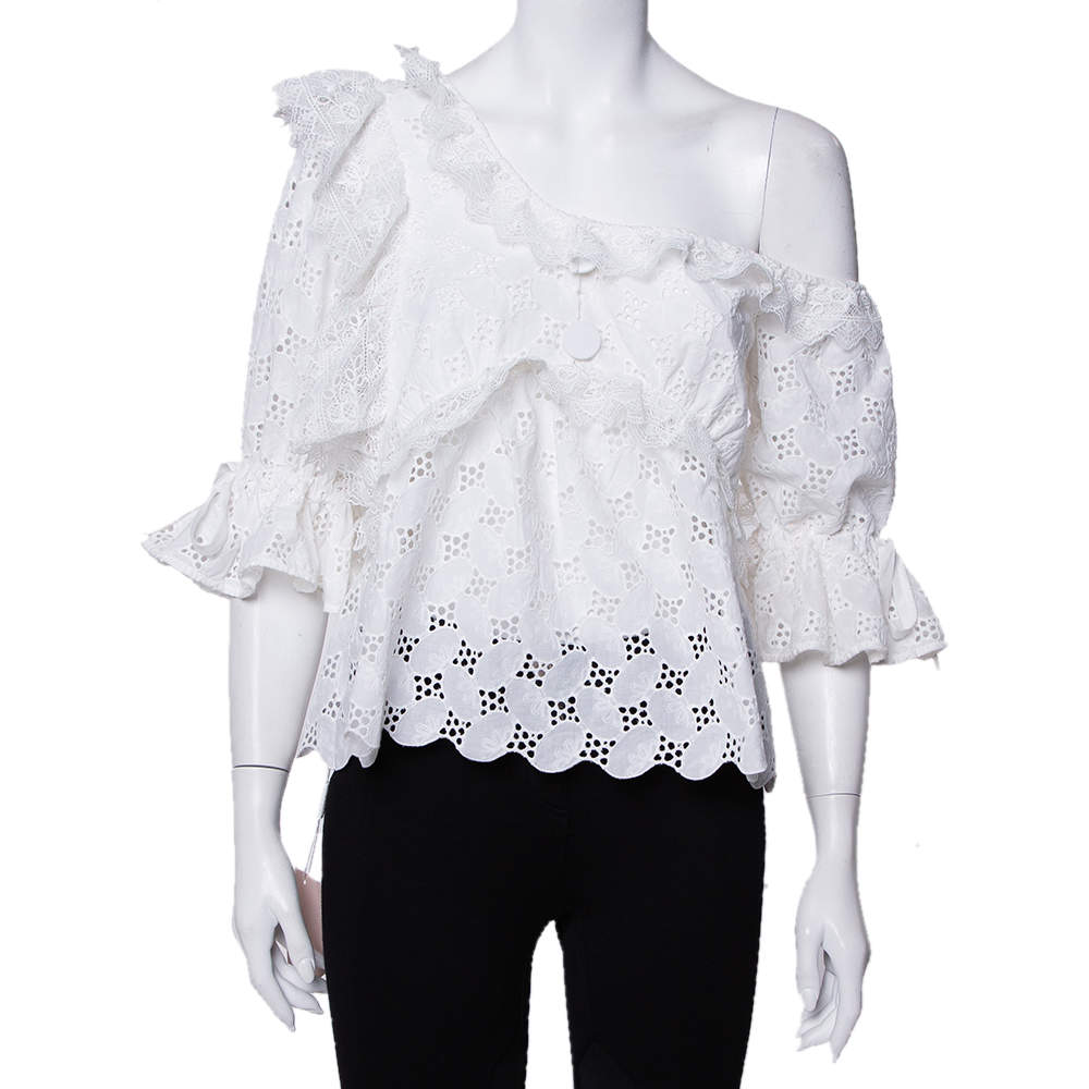 مملوكة مسبقًا Self-Portrait White Leaf Broderie One Shoulder Anglaise Top M