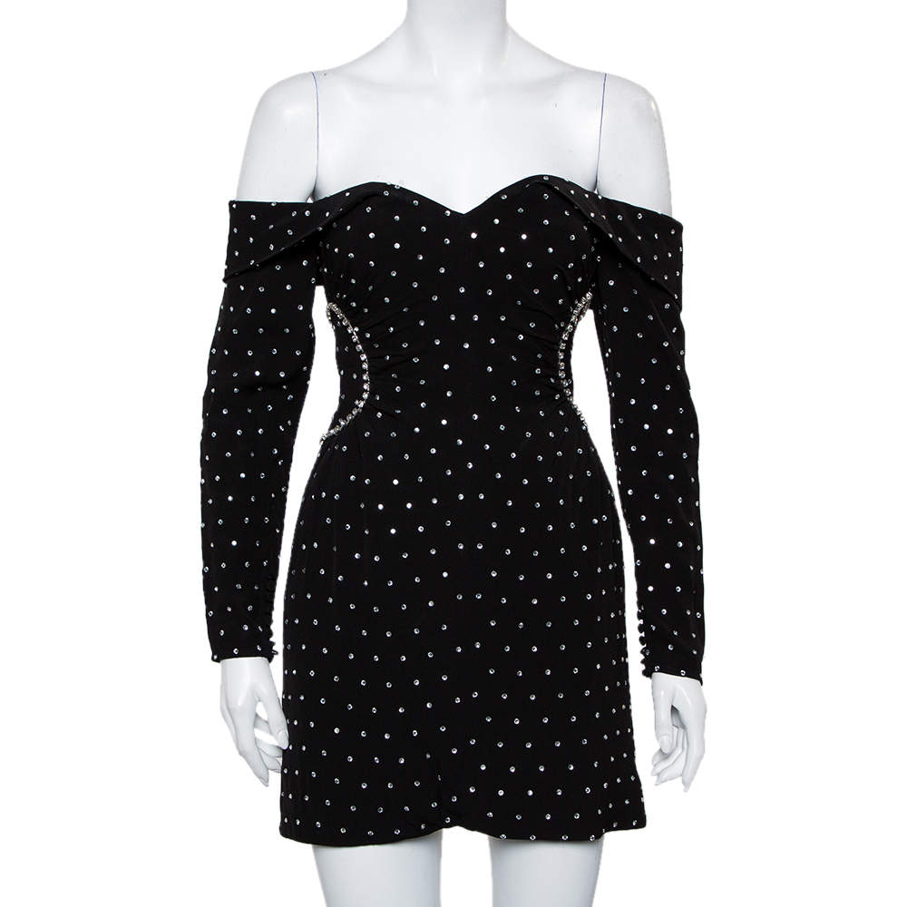Pre Owned Self-Portrait Black Diamante Off-Shoulder Mini Dress S