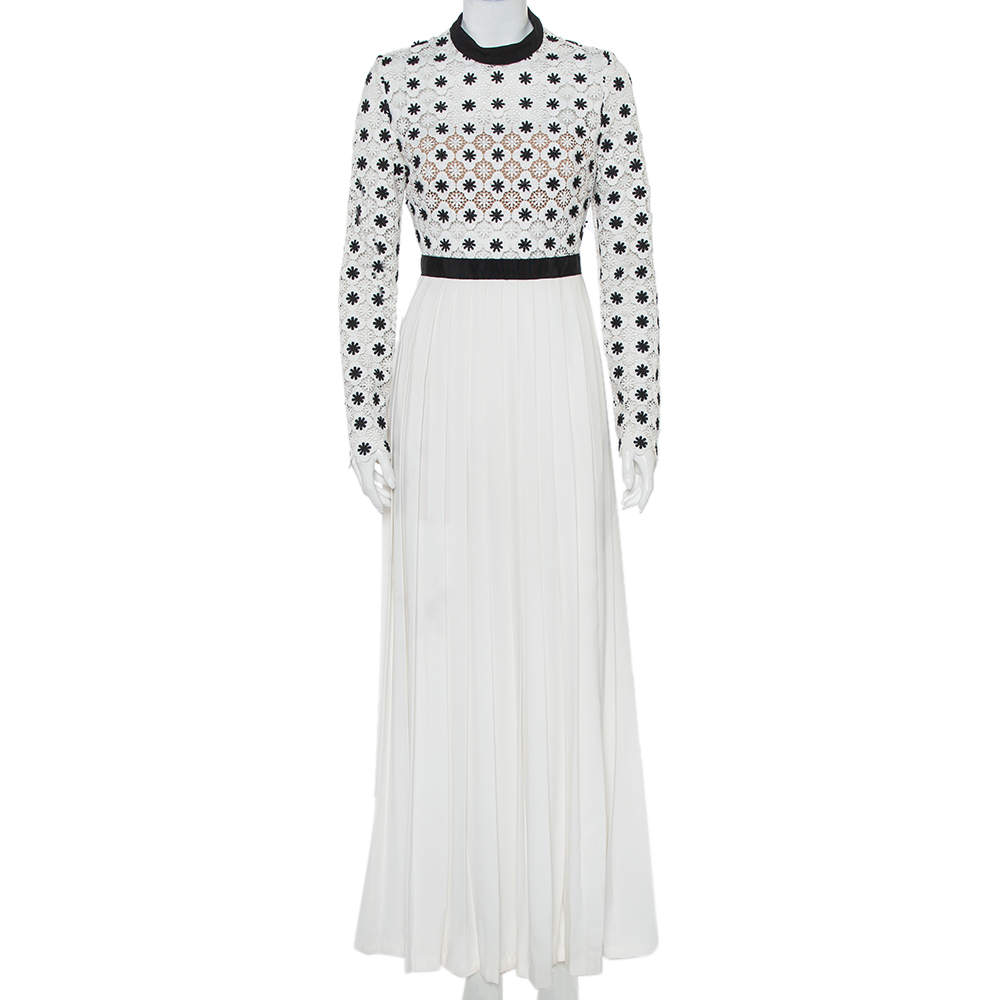 مملوكة مسبقًا Self Portrait Monochrome Lace & Pleated Crepe High Neck Maxi Dress M