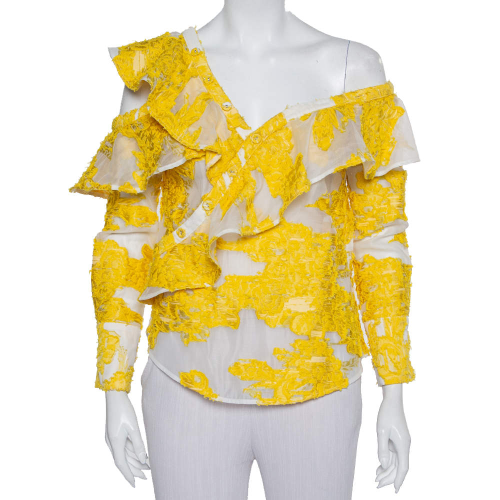 Pre Owned Self Portrait White & Yellow Fil Coupe Ruffled Off Shoulder Detail Top S