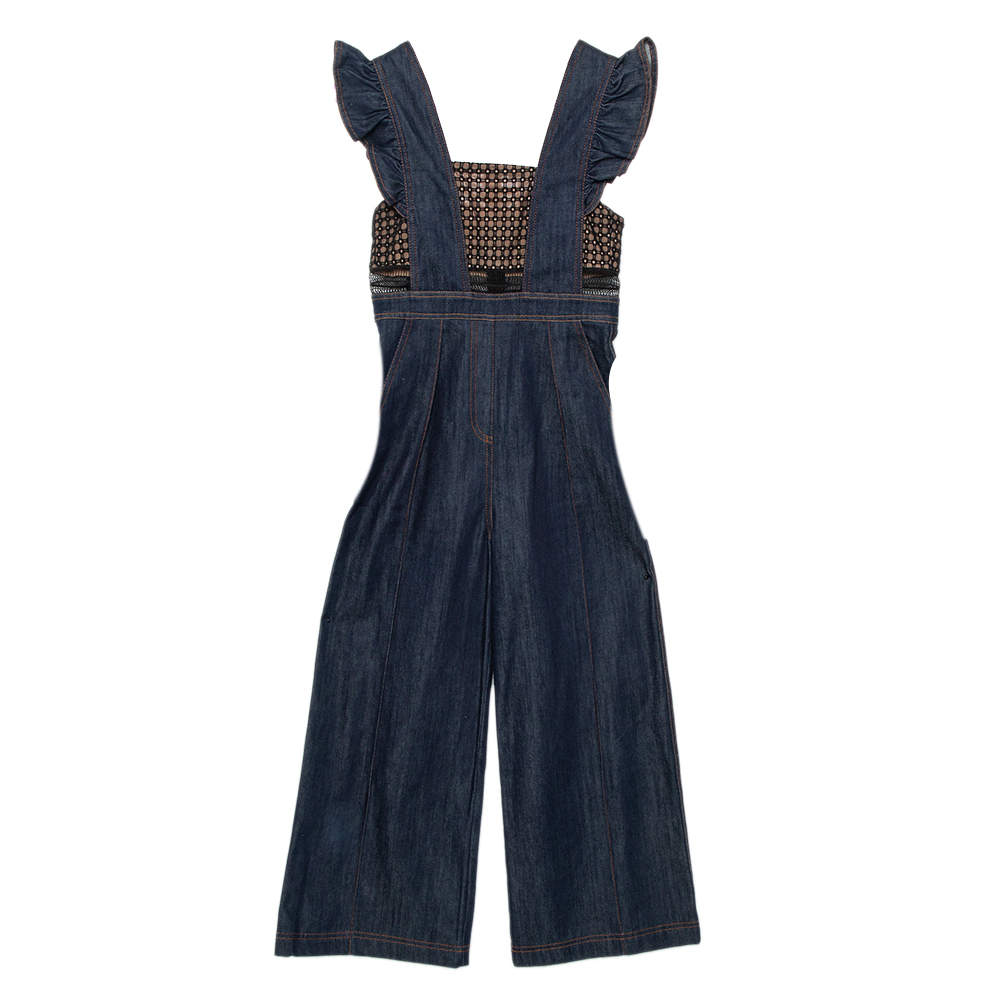 Self Portrait Navy Blue Denim & Lace Ruffle Sleeve Wide Leg Jumpsuit XS