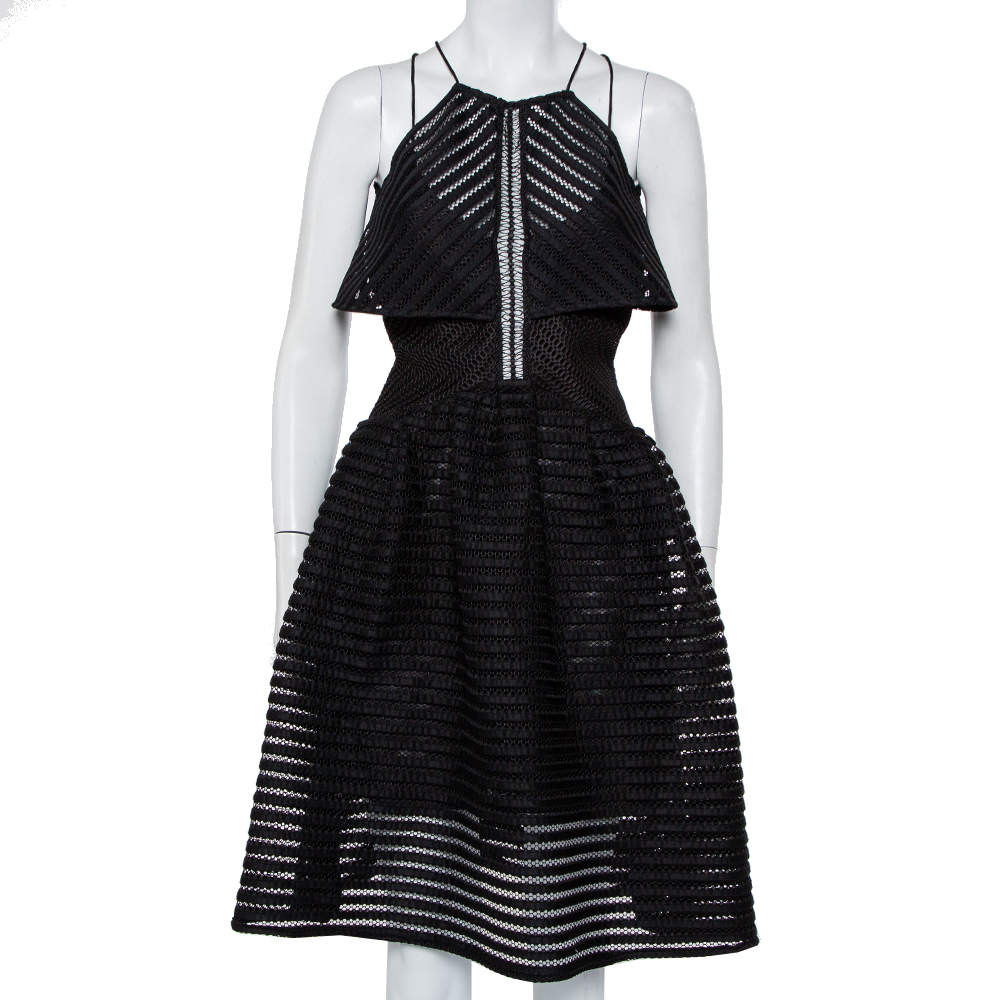 Pre Owned Self-Portrait Black Mesh Overlay Detail Flared Dress S