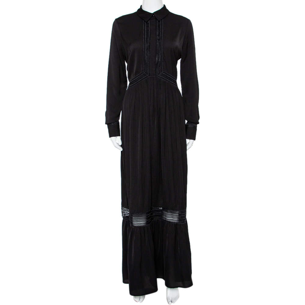 Pre Owned Self Portrait Black Chiffon Pleated Collared Ebony Maxi Dress M