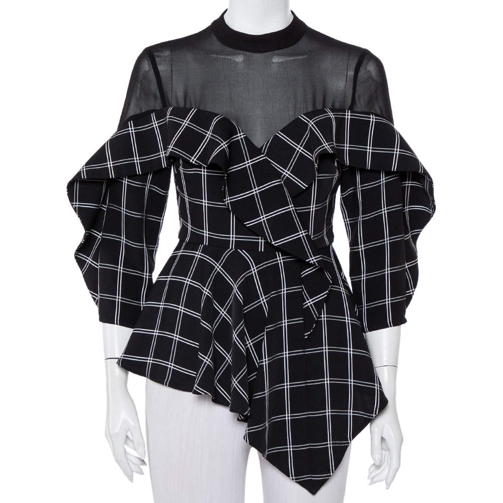 Self Portrait Black Checkered Crepe & Chiffon Ruffled Asymmetric Hem Top S