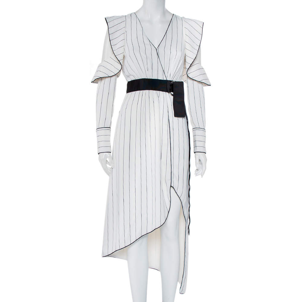 Self Portrait White Striped Crepe Ruffled belted Midi Dress S