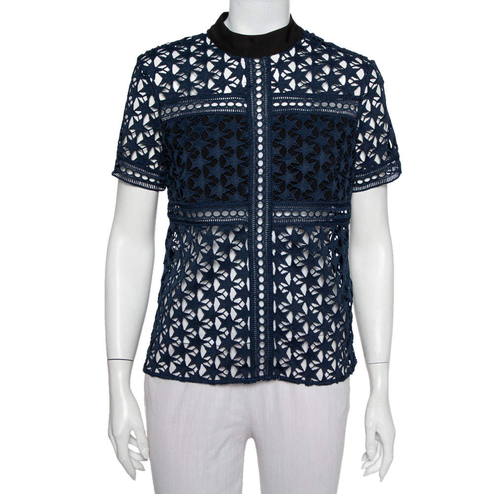 Pre Owned توب سيلف بورتريت شفاف دانتيل غوبيرنمط نجوم أزرق كحلي مقاس وسط (ميديوم)