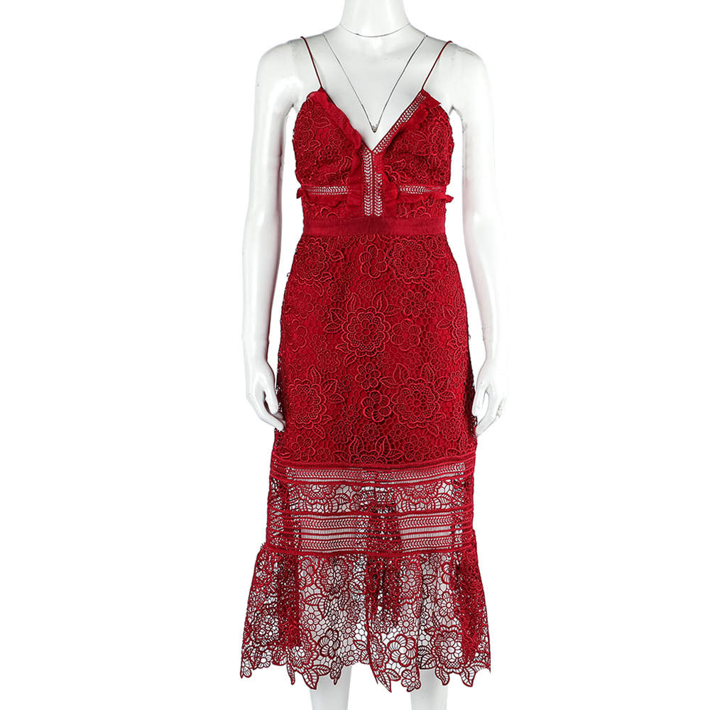 Self Portrait Red Floral Lace Sleeveless Midi Dress S