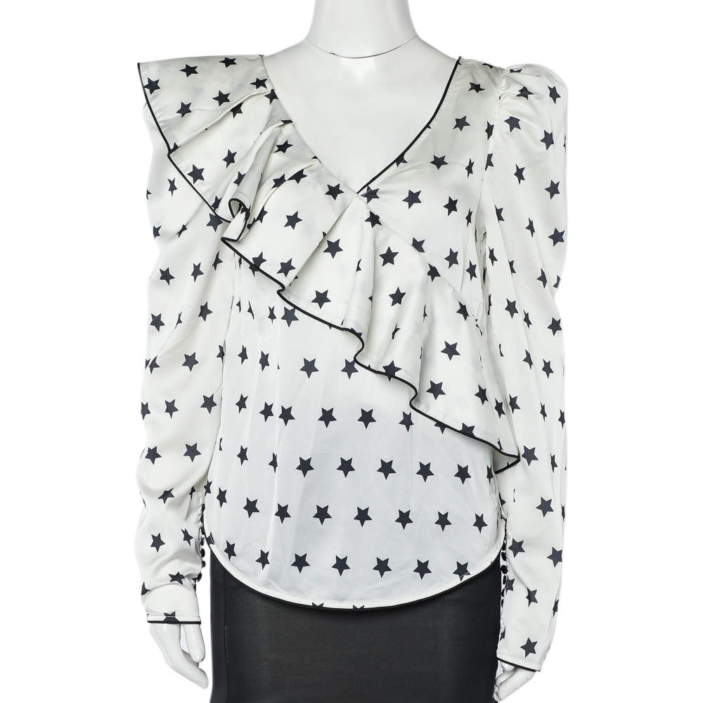Self Portrait White Star printed Satin Ruffled Plunging Neck Top S