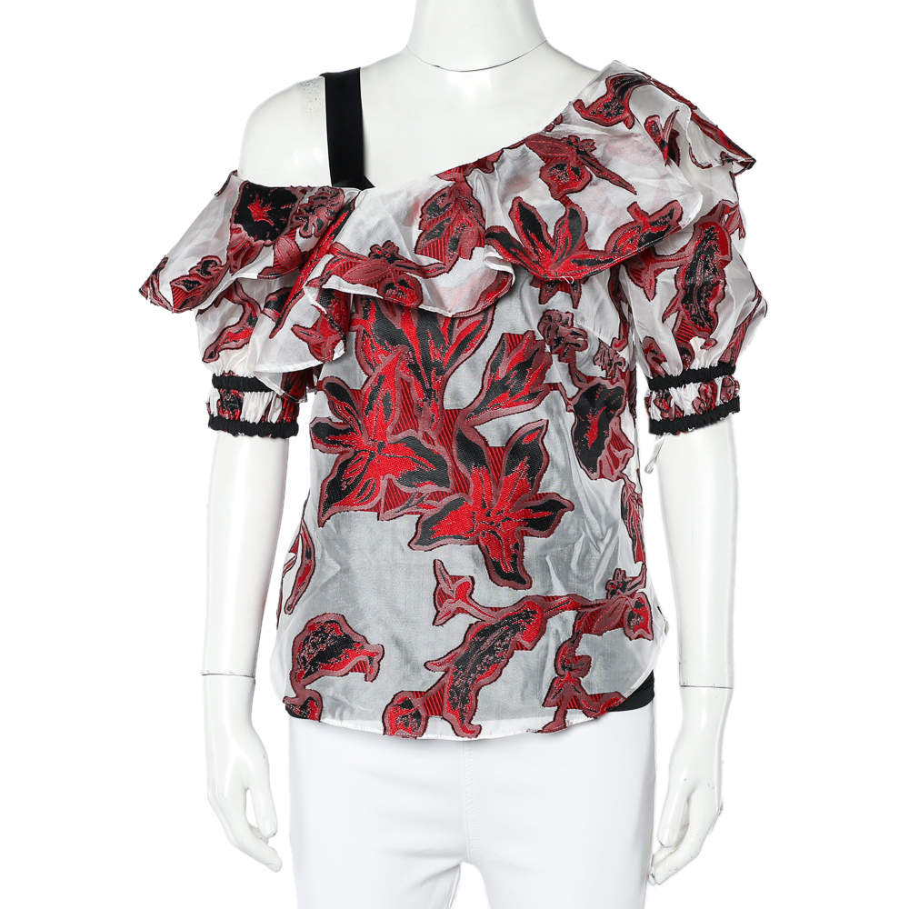 Pre Owned Self Portrait Floral Organza Cold Shoulder Detail Ruffled Top S