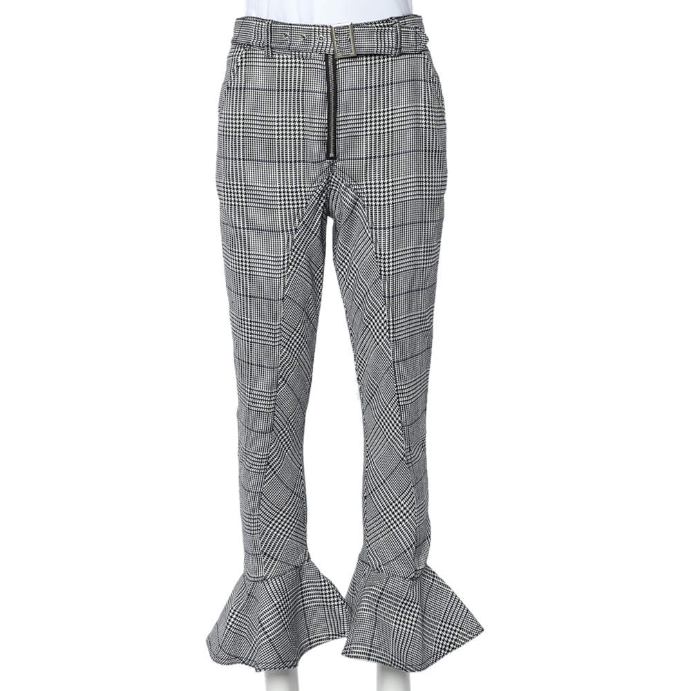 Self Portrait Monochrome Checkered Ruffled Hem Belted Cropped Pants S