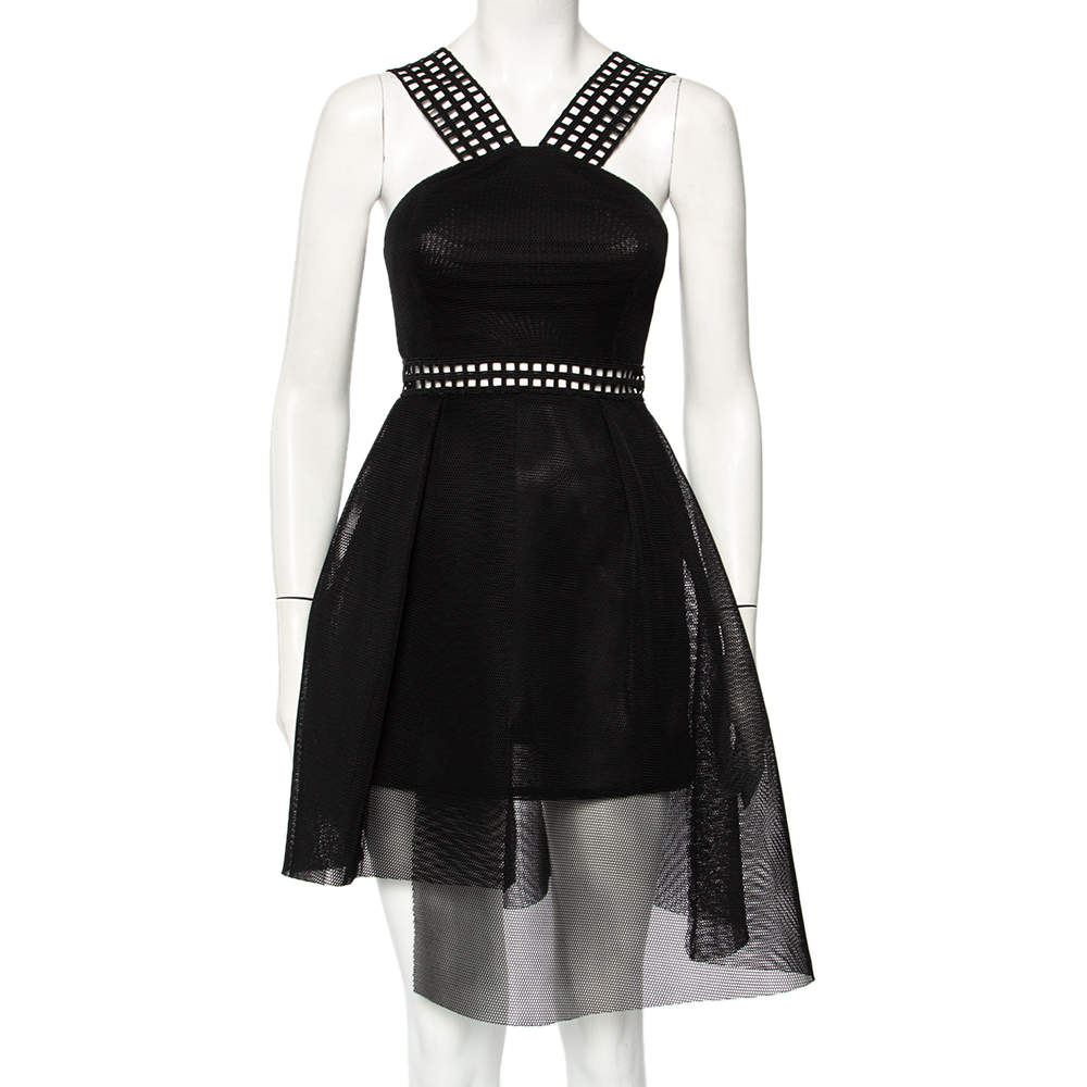 Self Portrait Black Mesh & Lace Asymmetric Hem Mini Dress S