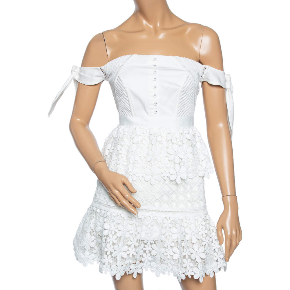 Self Portrait White Guipure Lace Tiered Off Shoulder Mini Dress S