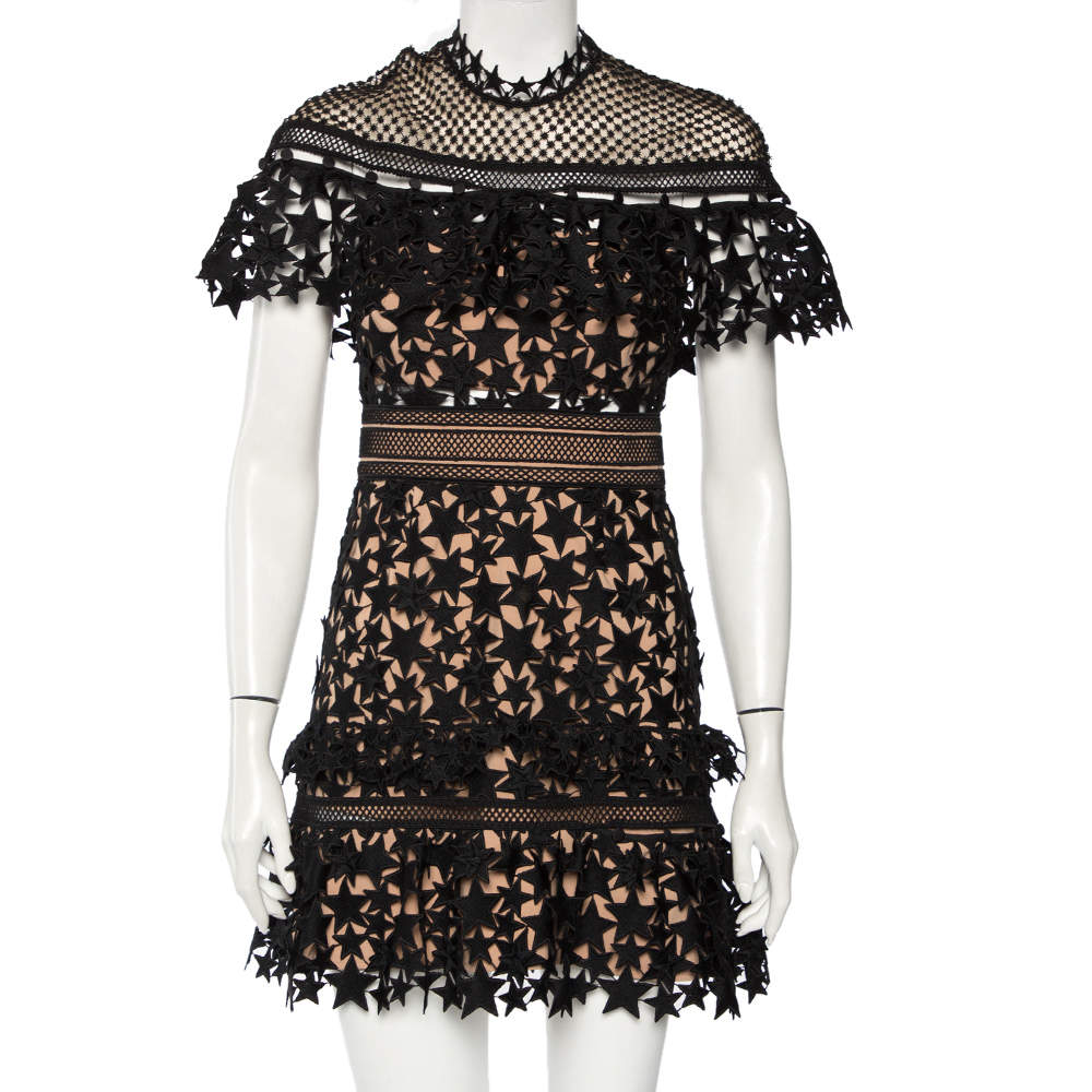 Pre Owned Self Portrait Black Guipure Lace Yoke Star Mini Dress S