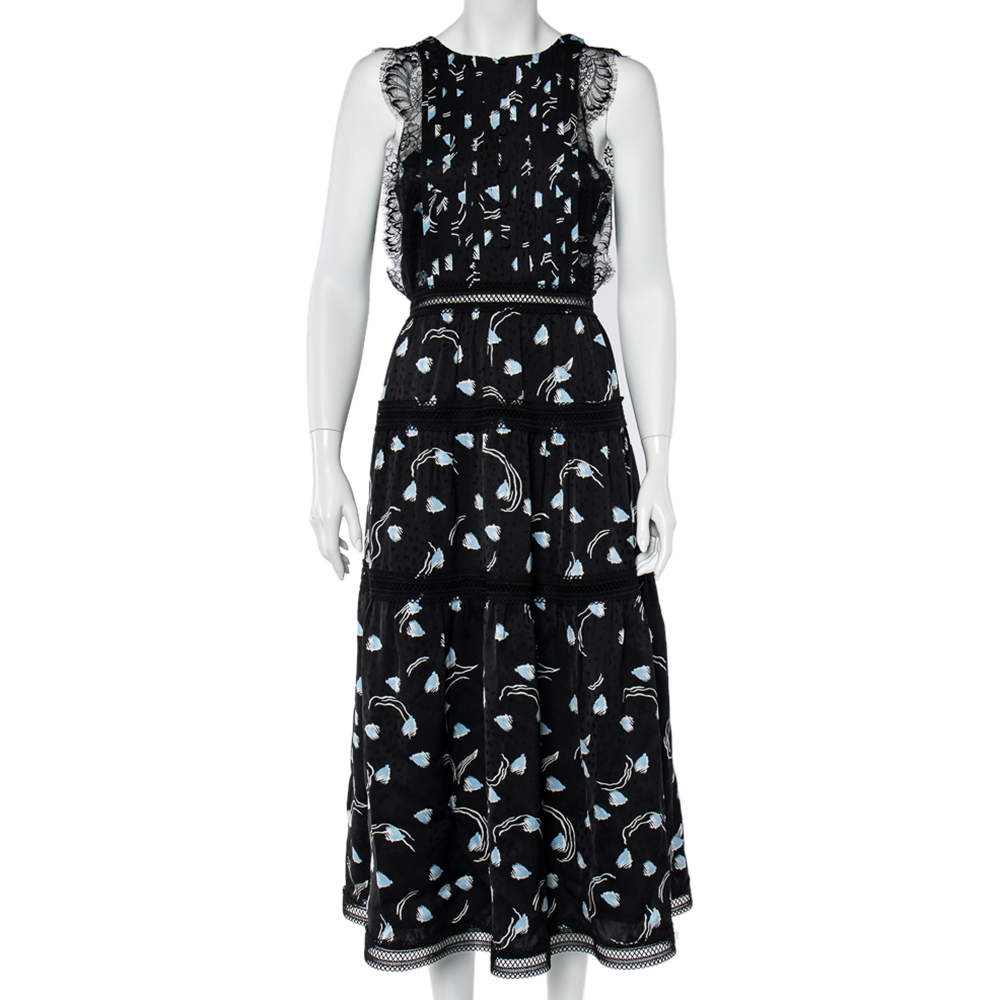 Self-Portrait Black Abstract Geo Print Sleeveless Midi Dress M