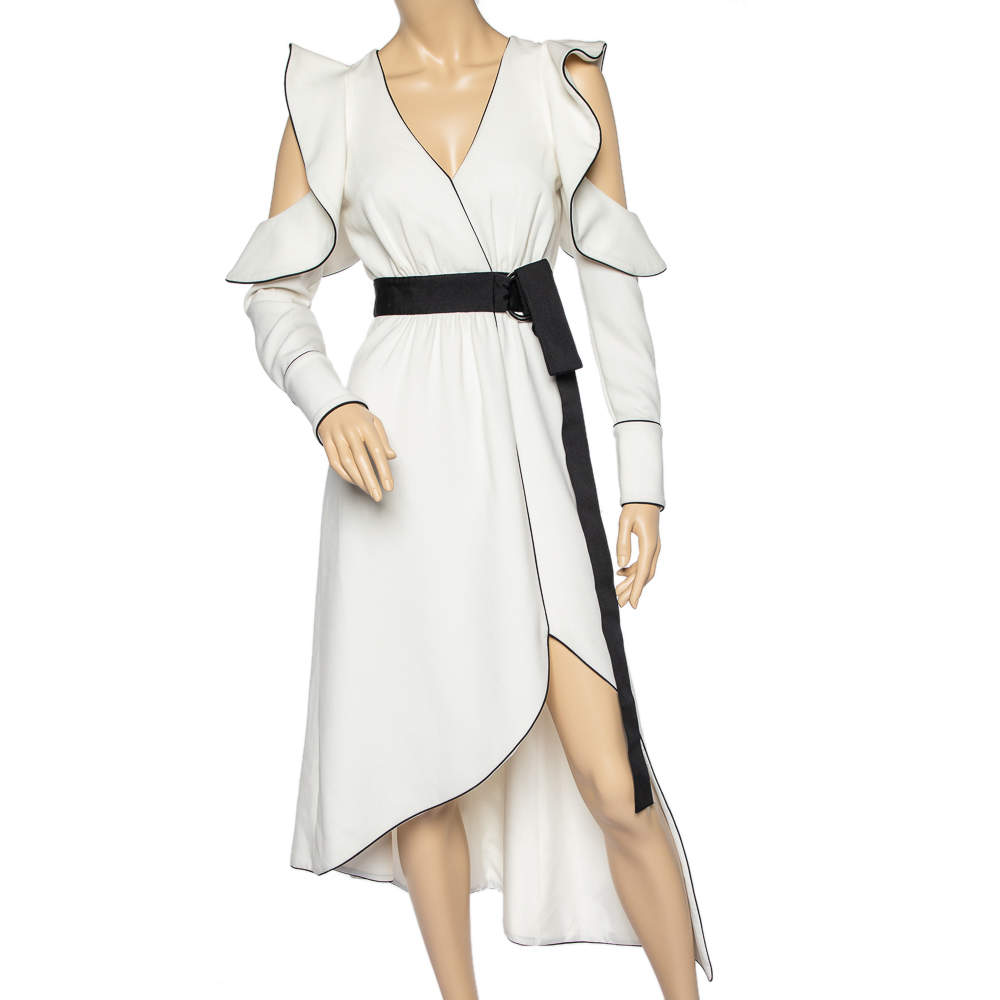 Pre Owned فستان سيلف بورتريت مزيج فيسكوز أبيض منفوش حافة غير متماثلة مقاس صغير (سمول)