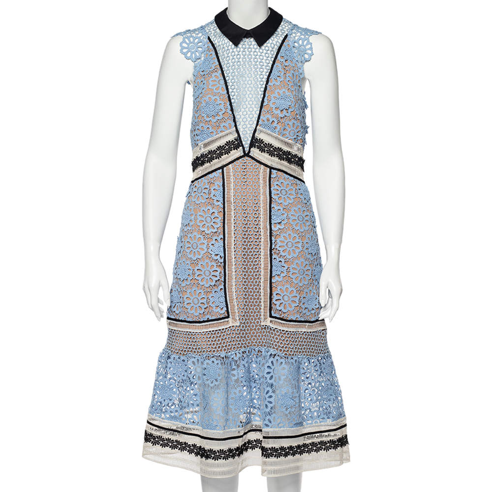 Pre Owned Self-Portrait Blue Guipure Lace Paneled Dress M