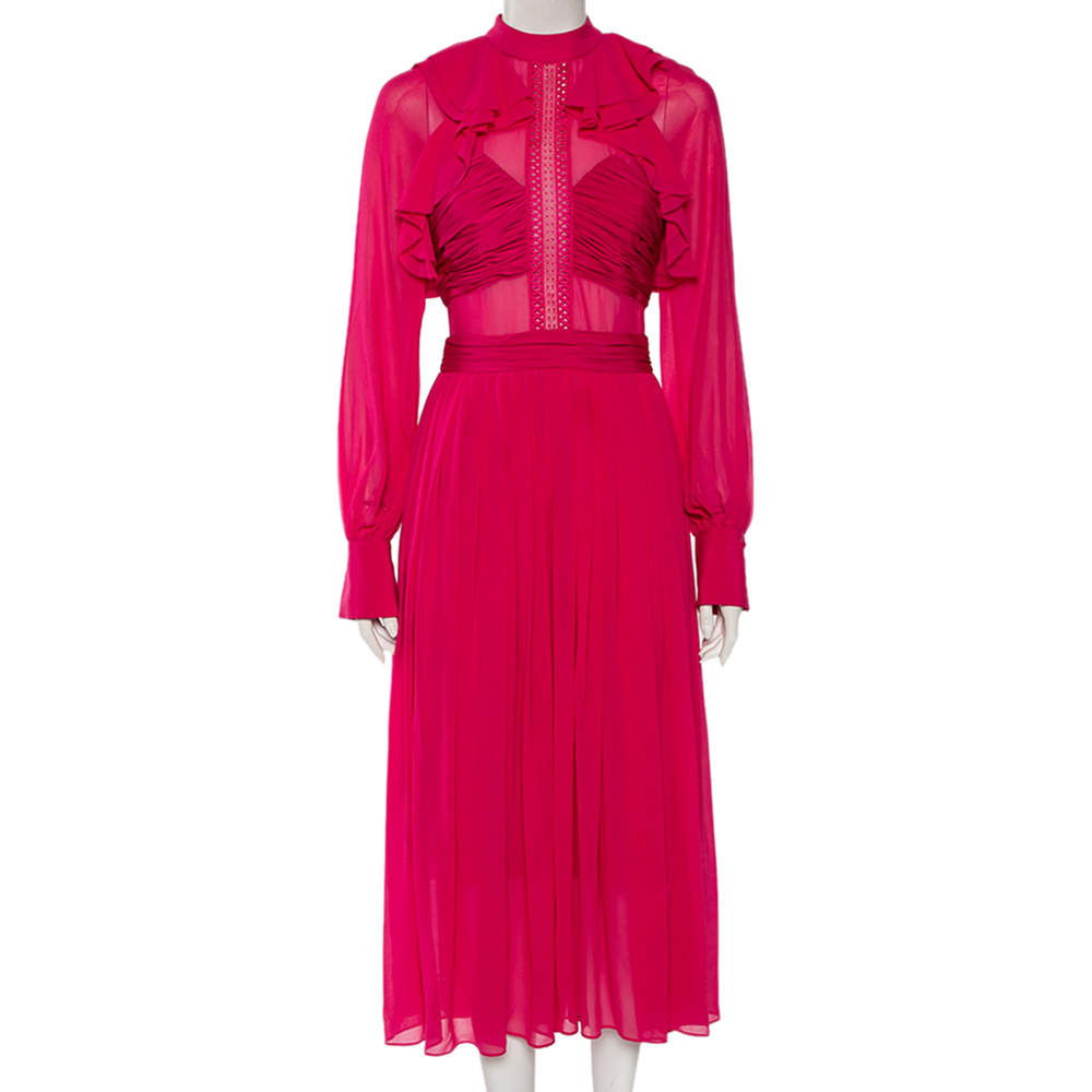 Self-Portrait Fuchsia Chiffon Ruffled Detailed Midi Dress S