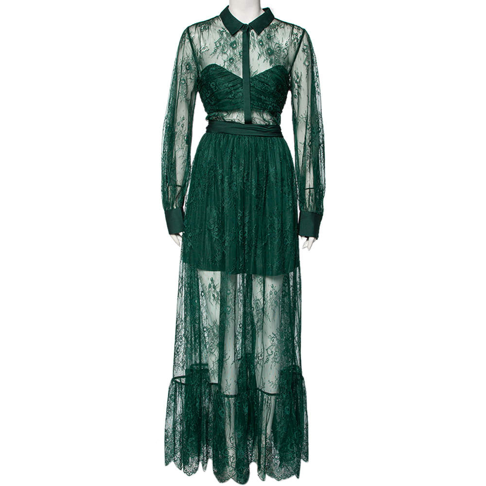 Pre Owned فستان سيلف-بورتريت ماكسي تفاصيل مجمعة دانتيل زهور أخضر مقاس كبير